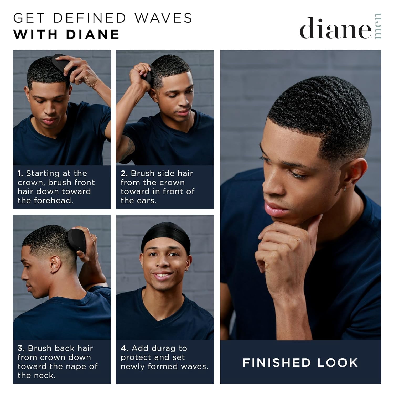 Diane Men's 100% Soft Boar Wave Styling Hair Brush, Wood Handle