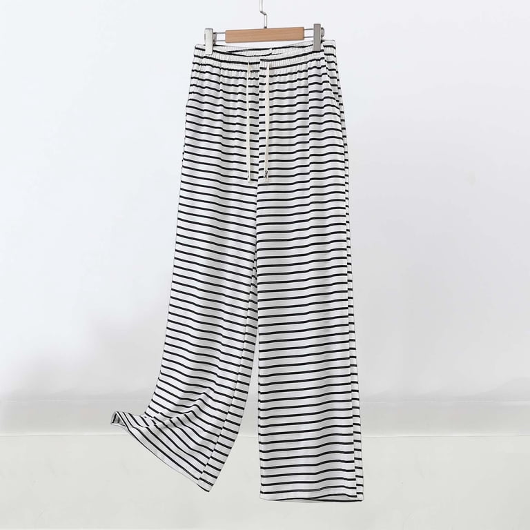 Zekutng Pants for Women Horizontal-Striped Elastic-Waist