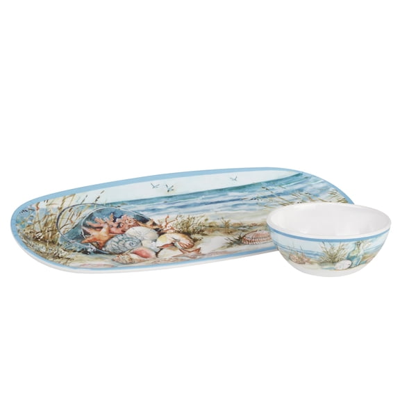 Certified International Coastal Landscape Tray with Dip Bowl Set, 15-inch Length, For Everyday Use, Kitchen Accessories, Party Celebration