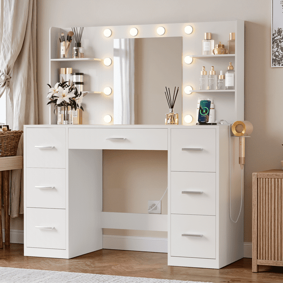 Vineego Vanity Desk with Adjustable Lighted Mirror, Vanity Table Set with Drawers & Storage Shelves, Makeup Vanity for Bedroom Dressing Room, White