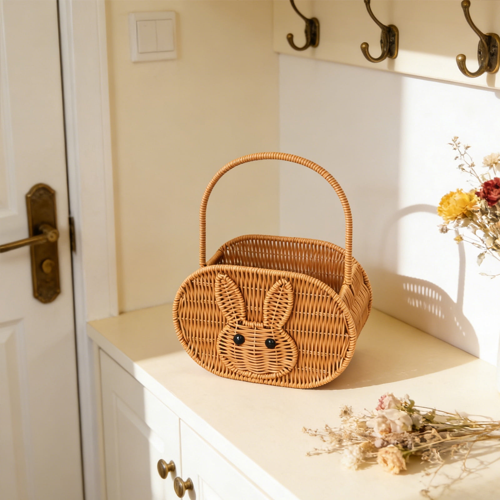 Zeyigg Handwoven Oval Bunny Storage Basket, Rattan Picnic Basket with Handles for Easter Egg Gathering, Outdoor Picnics, and Home Organization,color