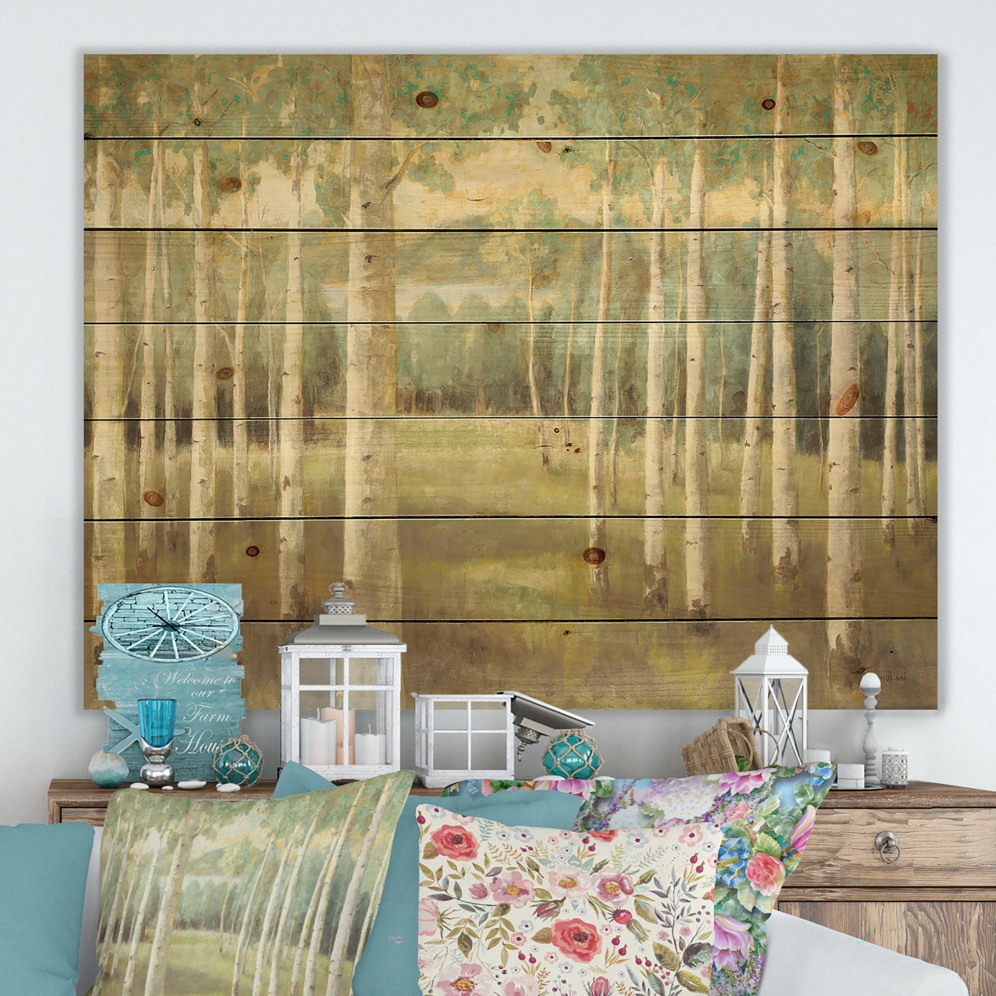 Designart 'Abstract Aspens Neutral Forest' Traditional Print on Natural Pine Wood