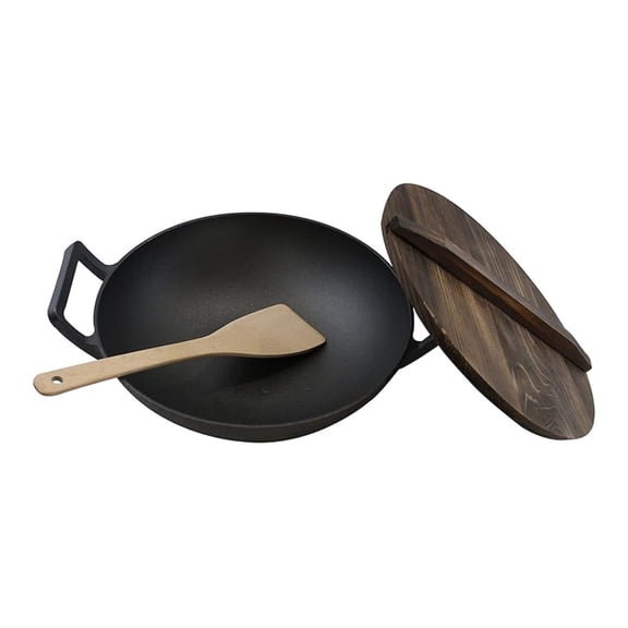 Cast Iron， Pre-Seasoned Wok 14.5" with Wood Spatula and Lid