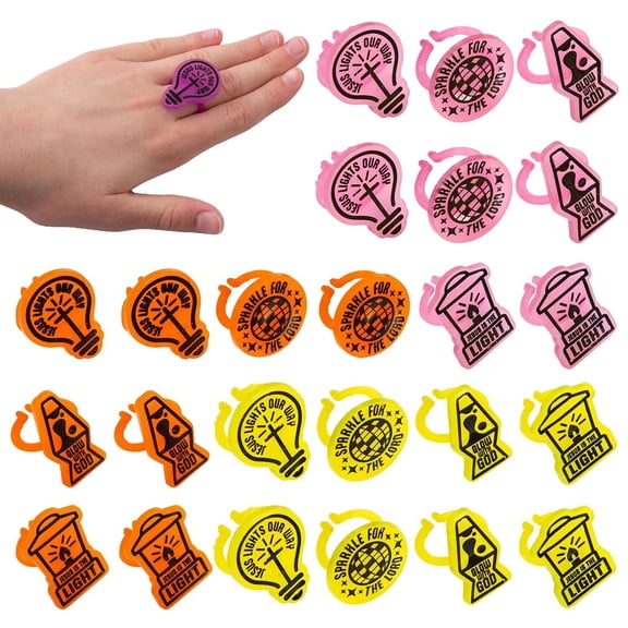 1" - 1 1/4" Jesus Is the Light VBS Glow-in-the-Dark Plastic Rings - 24 Pc.