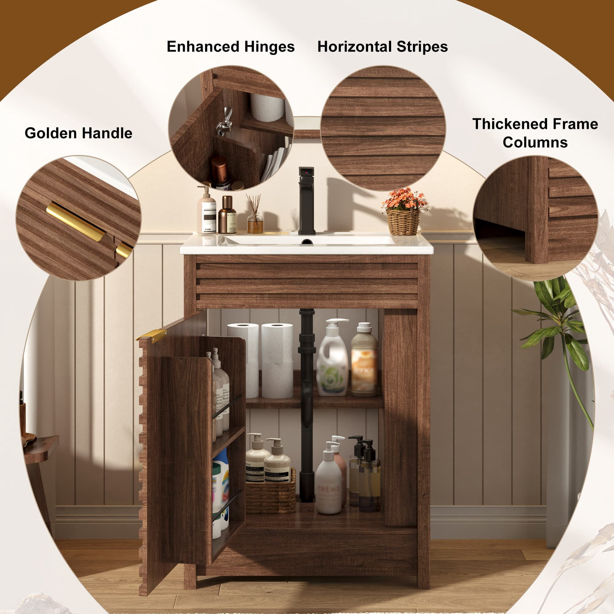 24" Bathroom Vanity Combo with Ceramic Sink & Faucet, Modern Light Oak Single Vanity Set with Fluted Door, Over-the-Door Storage Bthroom Cabinet with 2-Tier Side Shelves for Small Space