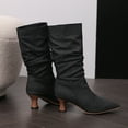 thumbnail image 5 of Women's Denim Slouchy Knee High Boots Winter Pointed Toe Kitten Heel Mid Calf Boots Fashion Leather Wide Calf Boots Black Size 6, 5 of 6