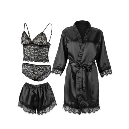 Deago 4 Pcs Women s Satin Pajama Set Floral Lace Trim Cami Lingerie Sleepwear with Robe (Black  M)