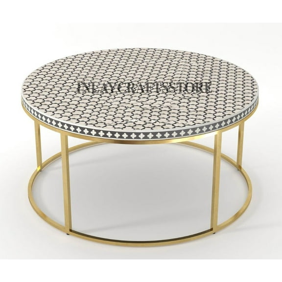 LAKECITY ARTS Bone Inlay Targua Design Coffee Table Black, Bone Inlay Targua Design Center Table Black, Bone Inlay Round Coffee Table Black