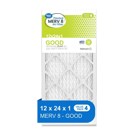 Great Value, 12x24x1, MERV 8 GOOD HVAC Air and Furnace Filter, Captures Dust, 4 Filters