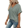 thumbnail image 6 of Olyvenn Womens Short Sleeve Sweater Waffle Knit Tops V Neck Spring Summer T Shirts Casual Solid Blouses Outfits Mint Green S, 6 of 8