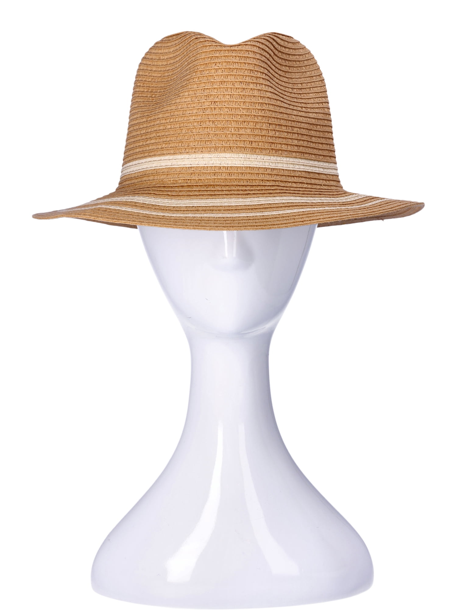 Time and Tru Women's Striped Straw Panama Hat, Beige
