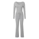 thumbnail image 5 of Conjunto de 2 piezas de manga larga para mujer: top con cuello en V y pantalones anchos, poliéster y spandex, tallas S-XL, 5 of 5