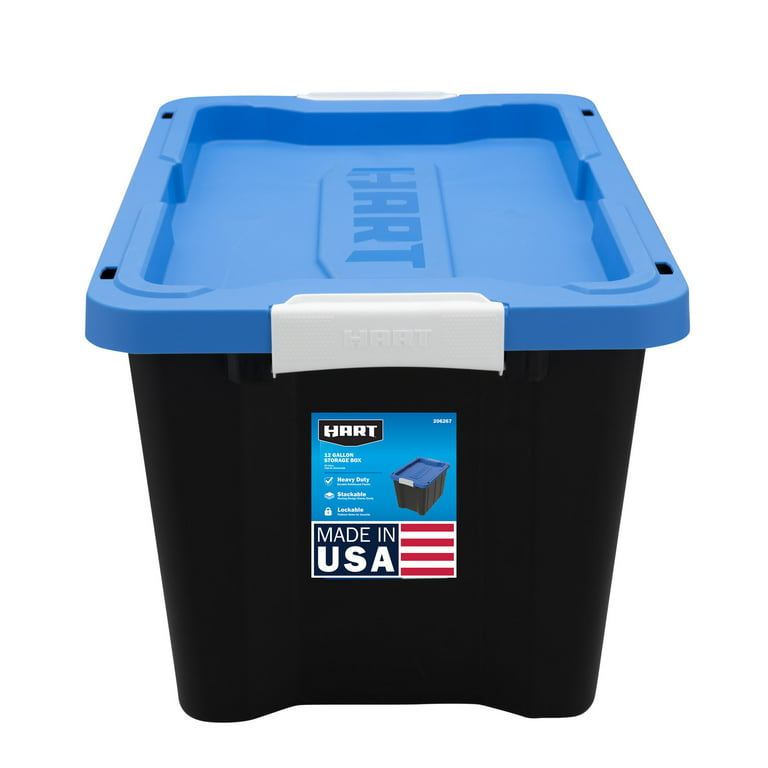 Hart - 12 Gallon Heavy Duty Latching Plastic Storage Box, Black Base/Blue Lid, Set of 4