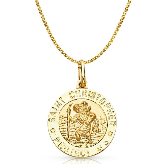 Ioka-14K Yellow Gold St. Christopher Protect Us Charm Pendant with 1.7mm Flat Open Wheat Chain Necklace - 16"