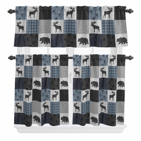 3 Piece Kitchen Curtains and Valances Set Blue Cabin Check Cafe Curtains 24 Inch Length Rustic Bear Elk Farmhouse Buffalo Plaid Valance & Tier Curtain for Living Room Bedroom Window 54"x18" 27"x24"*2