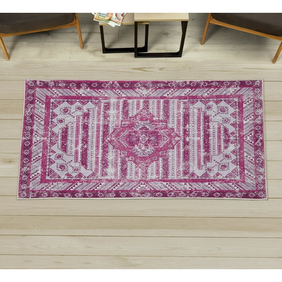Ethnic Decorative Rug, Folkloric and Bohemian Artwork of Geometric Cultural Ornaments Rustic Look, Quality Carpet for Bedroom Dorm and Living Room, 6 Sizes, Magenta and Pink, by Ambesonne