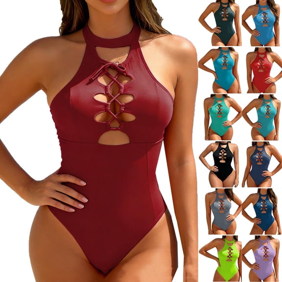 FRSASU Womens One Piece Tummy Control Swimsuit Solid Color Crisscross Slim Fit Bathing Suits with Chest Cushion Wine