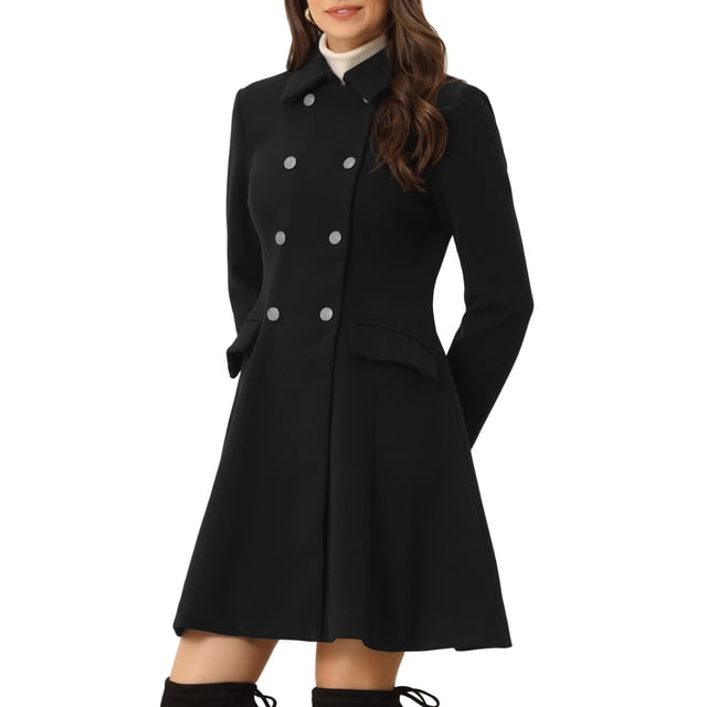 INSPIRE CHIC Women's Winter Overcoat in black, featuring a single-breasted button design with a velvet contrast point collar and flap pockets. This mid-thigh length pea coat has a flare A-line hem and long sleeves, suitable for winter wear. Shown in size XS.