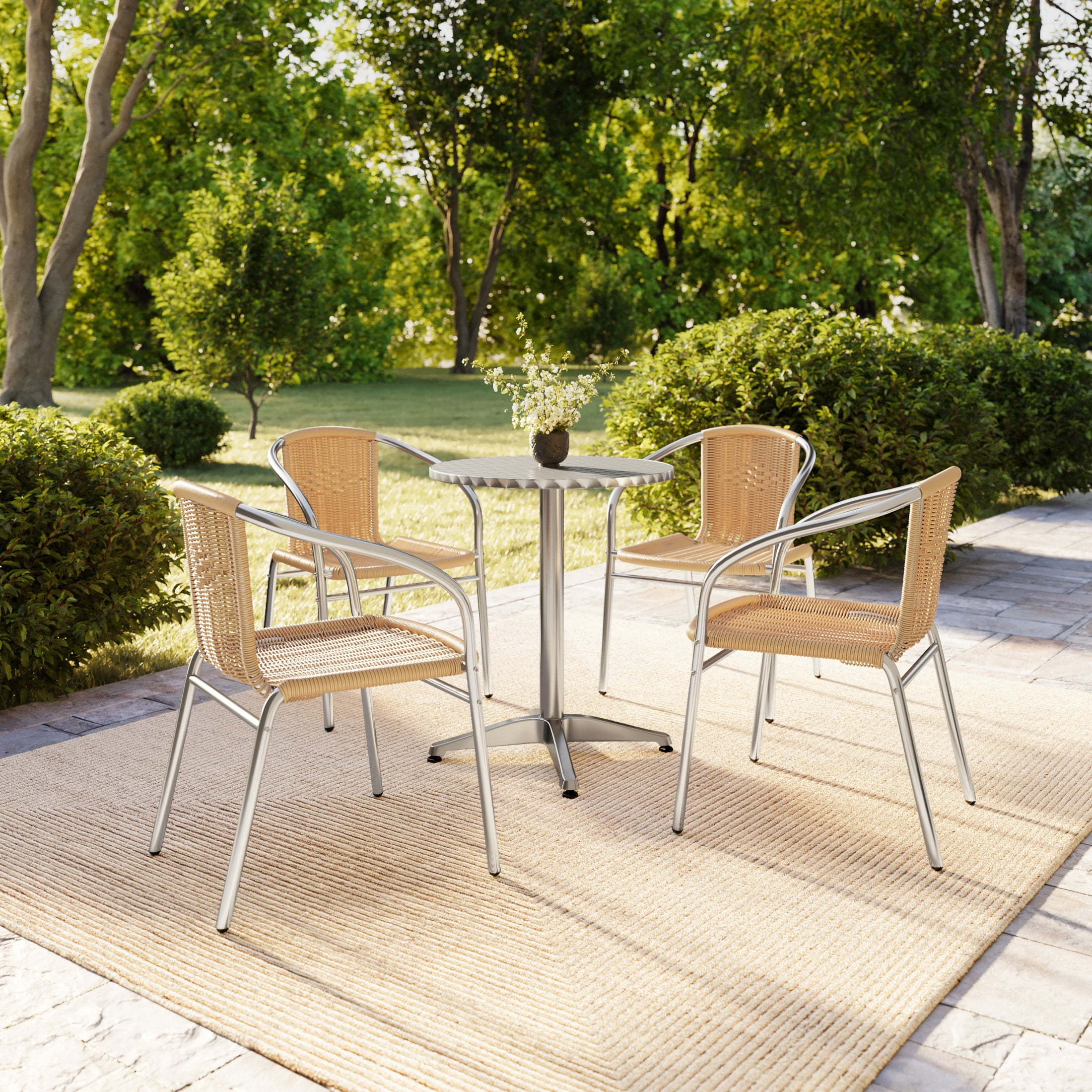 Flash Furniture 23.5'' Round Aluminum Indoor-Outdoor Table Set with 4 Beige Rattan Chairs