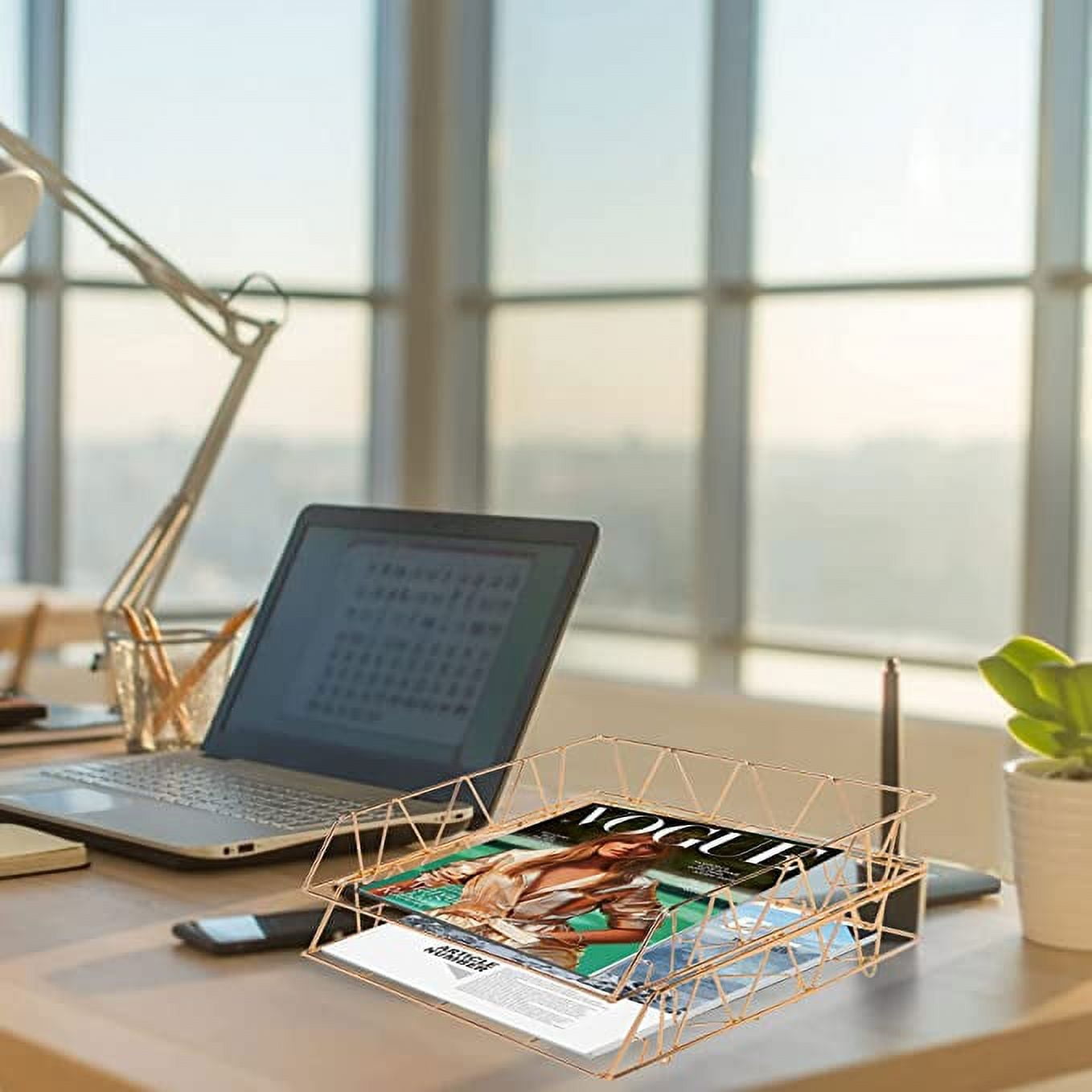 2 Pack of Gold Stackable Wire Desk Trays with Brass Finish, Paper Tray Organizer for Desk, Multifunctional File Document Holder and Storage for Office Desktop Organization and Accessories