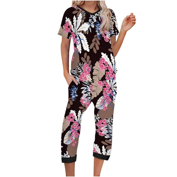 Traje de mujer de manga corta con cuello en V y pantalones cortos estampados Wmkox8yi bvn1667