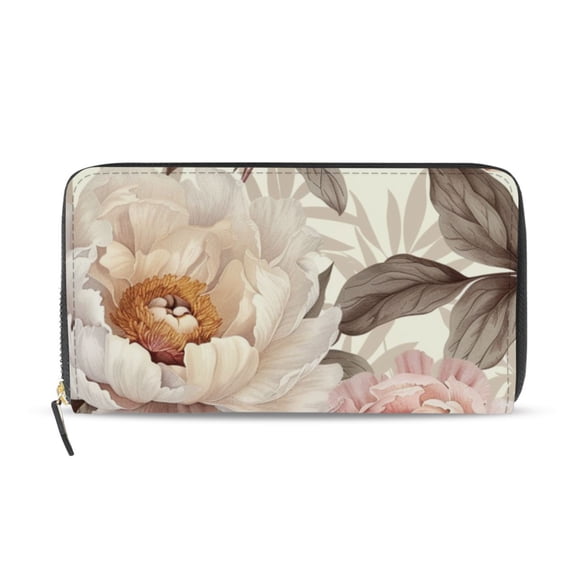 Elegant Peony Flowers Leaves Women's Long Zipper Wallet Bifold Clutch Purse PU Leather Card Cases