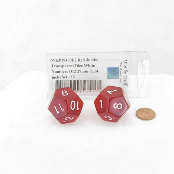 Red Jumbo Transparent Dice with White Numbers D12 29mm (1.14 inch) Set of 2 Wondertrail