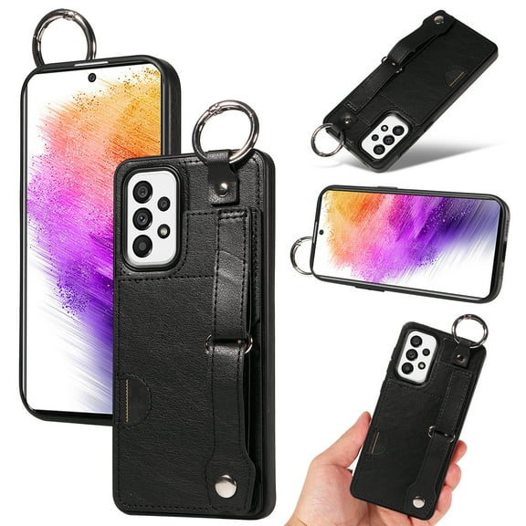 for Samsung Galaxy A53 5G Wallet Case with Card Holder, Hand Wrist Strap Loop Holder Kickstand, Finger Grip Ring Buckle PU Leather Double Buttons Shockproof Cover for Samsung Galaxy A53 5G, Black