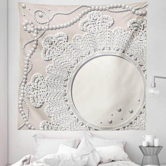 Vintage Tapestry, Feninine Delicate Graphci with Medallion Motif and Pearl Look Rounds, Fabric Wall Hanging Decor for Bedroom Living Room Dorm, 5 Sizes, White Eggshell Coconut, by Ambesonne