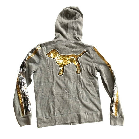 Victoria's Secret Pink Bling Sequins Dog Perfect Full Zip Hoodie Gray Size Small NWT