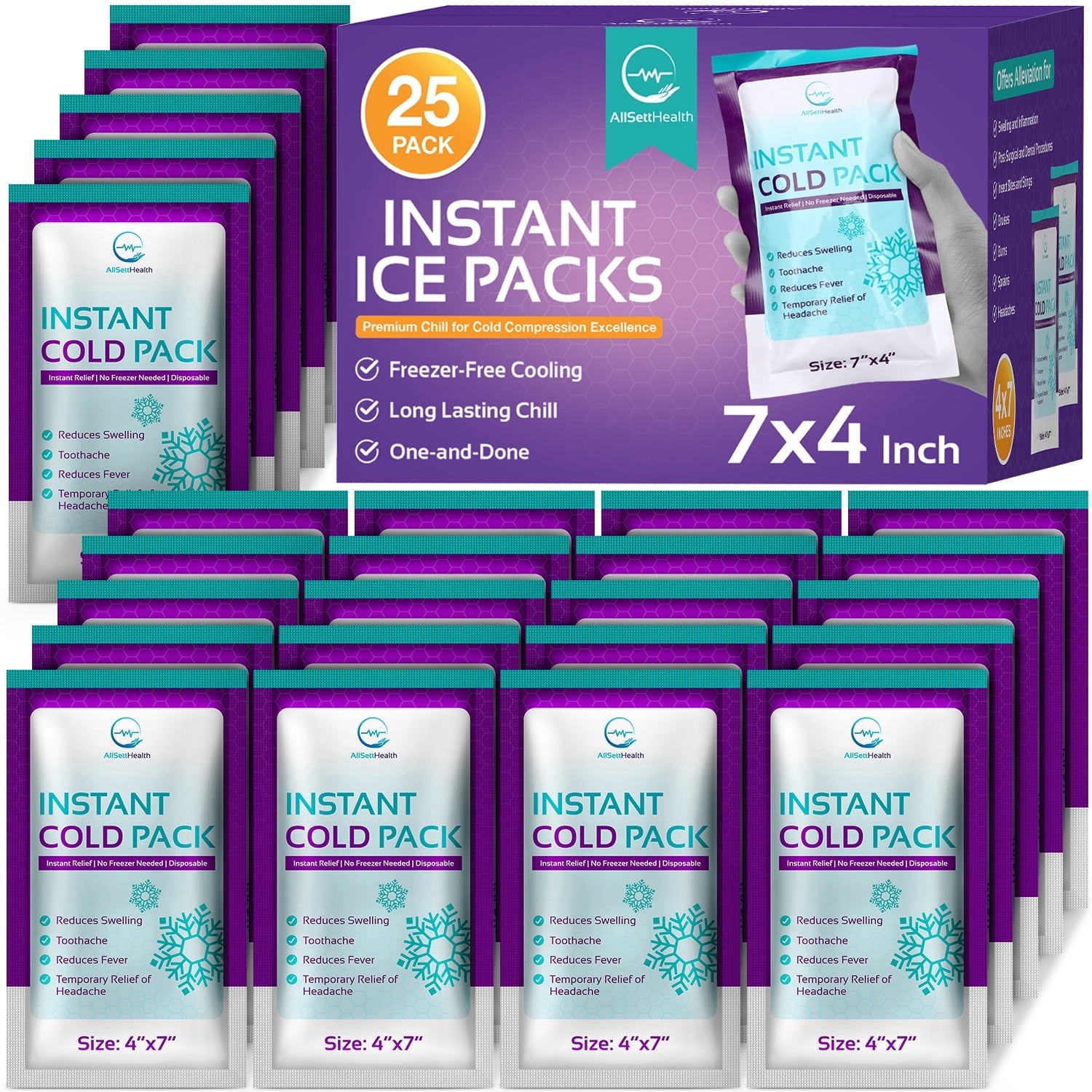 Instant Ice Packs for Injuries 25 Packs (7” x 4”) | Instant Ice Cold Pack - Cold Compress Disposable Ice Pack for Pain Relief, First Aid Essential, Swelling, Toothache, Athletes & Outdoor Activities