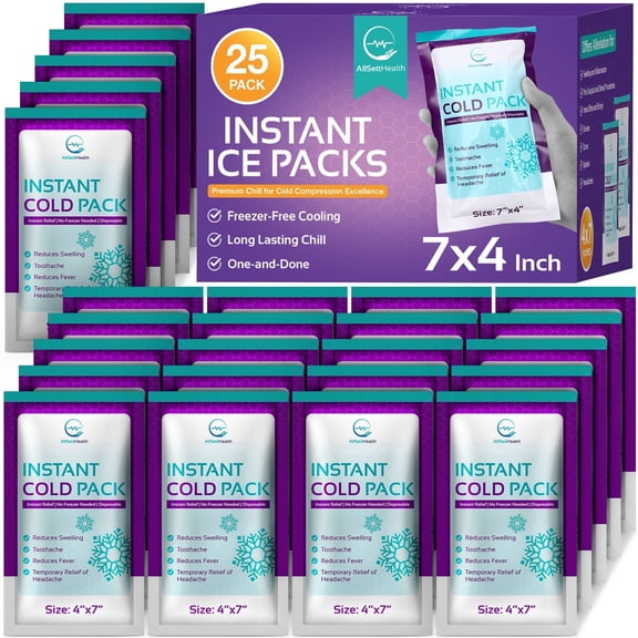 Instant Ice Packs for Injuries 25 Packs (7” x 4”) | Instant Ice Cold Pack - Cold Compress Disposable Ice Pack for Pain Relief, First Aid Essential, Swelling, Toothache, Athletes & Outdoor Activities