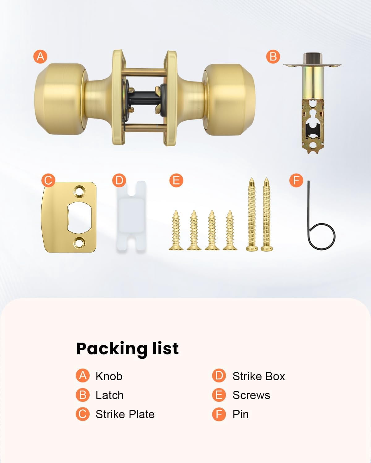 6 Pack Gold Interior Door Knobs, Passage Door Knobs for Closet and Hallways Keyless Non-Locking Doorknob Square Panel