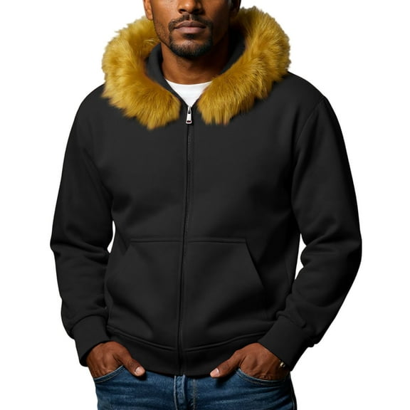 CharmCyan Men’s Full Zip Hoodie with Faux Fur Trim Hood Casual Warm Long Sleeve Sweatshirt Comfortable Outerwear Jacket Black L