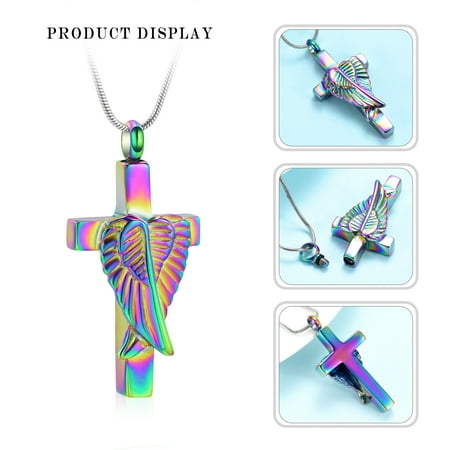 Stainless Steel Angel Wing Cross Urn Pendant Memory Necklace for Cremation Ashes Keepsake Holder Memorial Jewelry