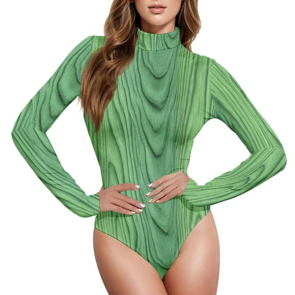 joogoo Wood Green Women's Mock Turtle Neck Long Sleeve Bodysuit L