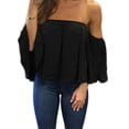 thumbnail image 2 of Blusa informal con hombros descubiertos para mujer, blusas sin tirantes, blusas con mangas de campana de color puro y sin tirantes Yuarrent FS7048-03, 2 of 5
