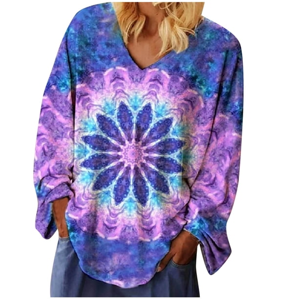 Tops Para Mujer Elegante Blusa Casual Camisas de Manga Larga Otoño Con Cuello en V Color Tie-Dyed Tees Shirt Odeerbi ODB170617