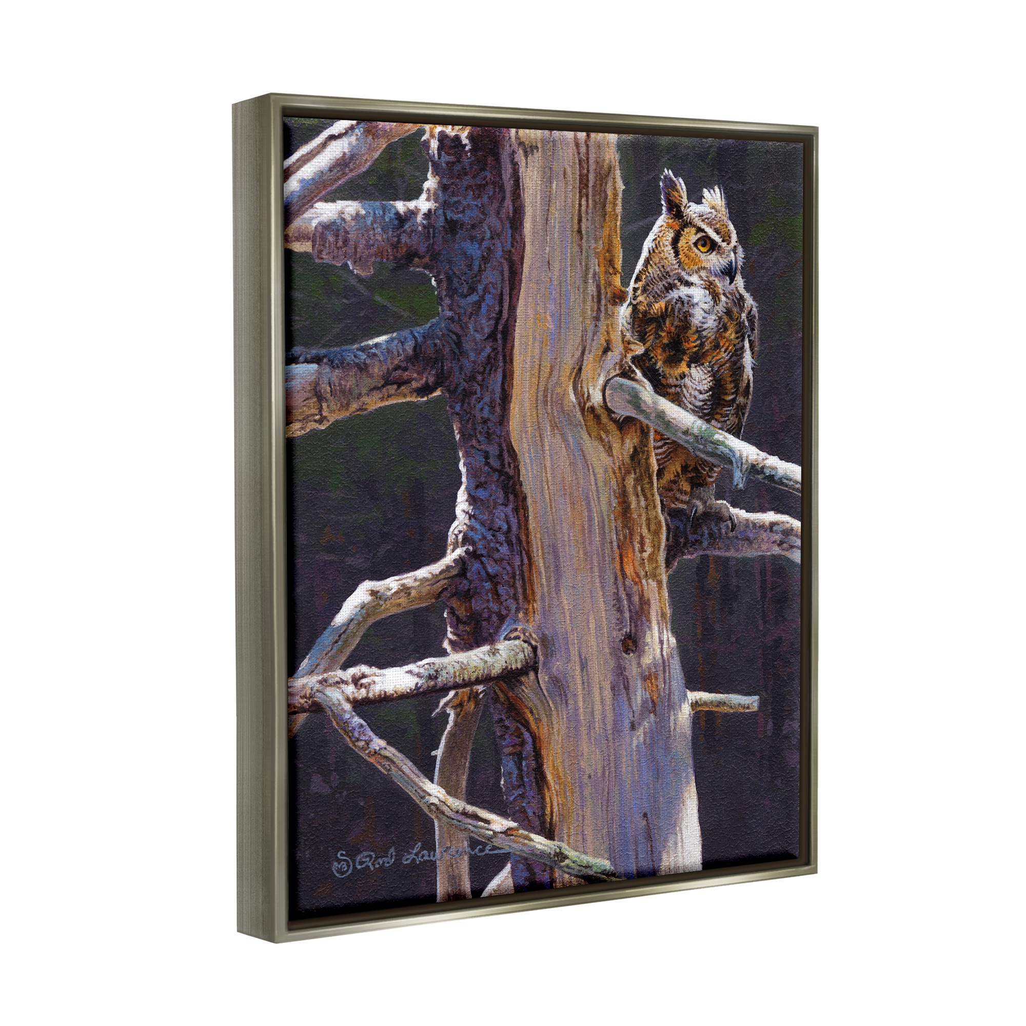 Stupell Industries Owl in Rustic Tree Animals & Insects Painting Gray Floater Framed Canvas Art Print Wall Art, 25 x 31