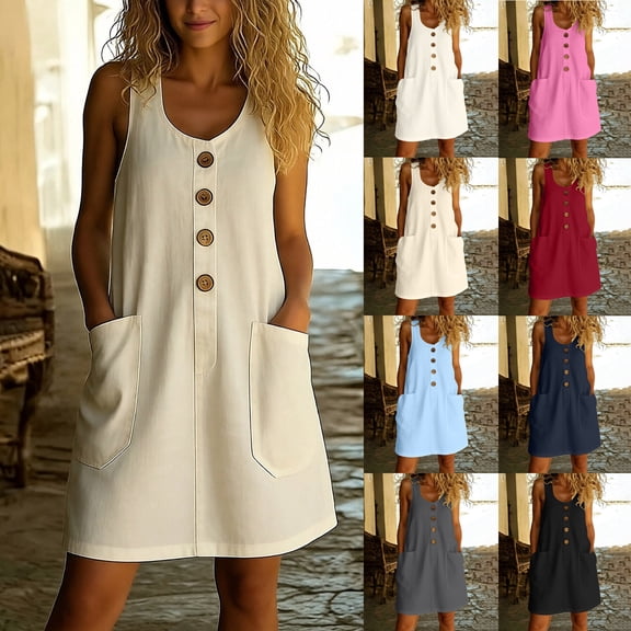 BRGZLK Women's Dresses Solid Color Casual Summer Sleeveless Button Front Mini Dress with Pockets Lightweight Solid Color Flowy Beach Dress