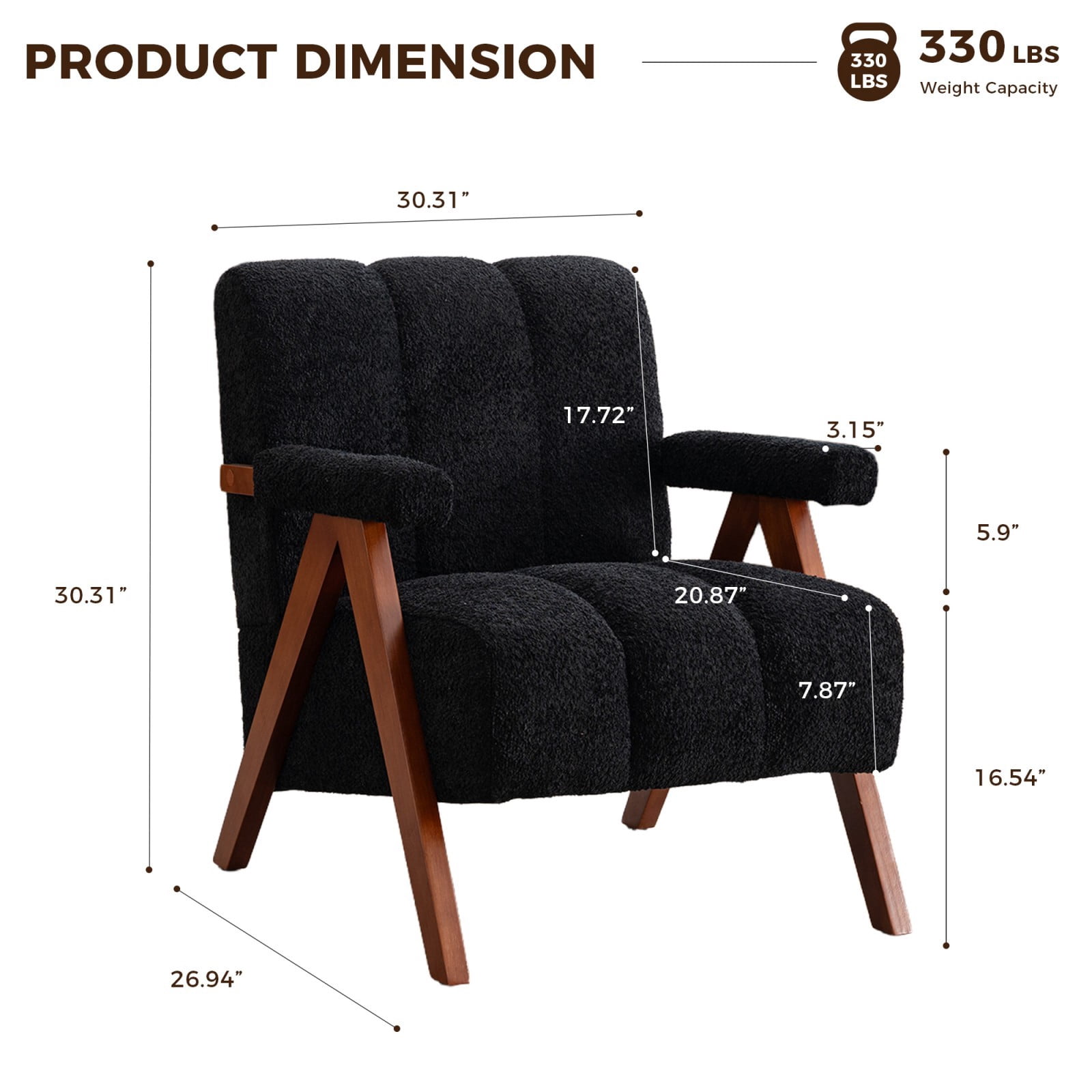 Mid-Century Modern Accent Chair Cloud-Shaped Chenille Lounge Armchair with Solid Oak Wood Frame, Upholstered Reading Chair for Living Room Bedroom Balcony, Black