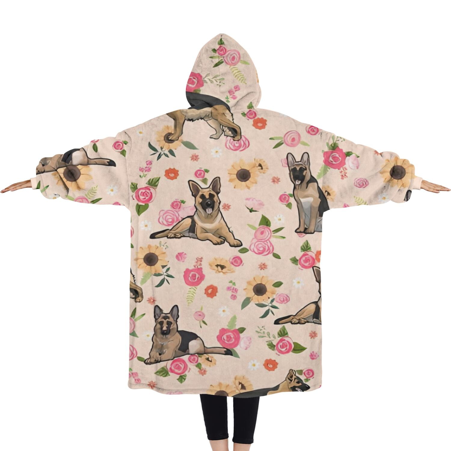 Oversized Wearable Blanket Hoodie,Shepherd Dog and Flower Floral Sherpa Blanket Hoodie with Super Pockets,Super Warm Fuzzy Pullover for Women & Men