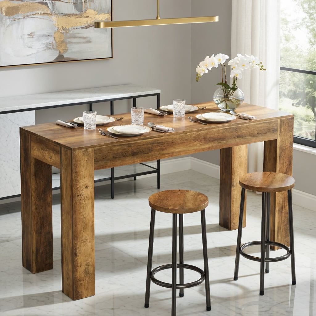 Hommoo 63 Inch Rectangular Counter Height Bar Table, Farmhouse Style Pub Table with Sturdy Legs for Kitchen, Dining, or Home Office, Rustic Brown