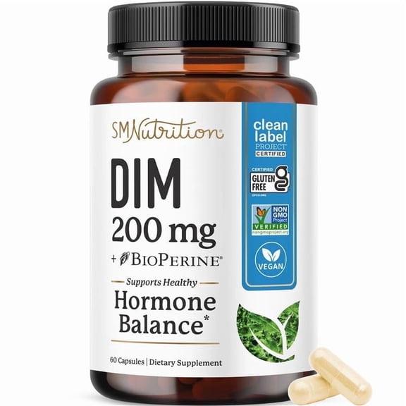 DIM Supplement 200mg | Estrogen Balance for Women & Men | Hormone Balance, Hormonal Acne, Menopause & Antioxidant Support | Clean Label Project Certified | 60 Ct