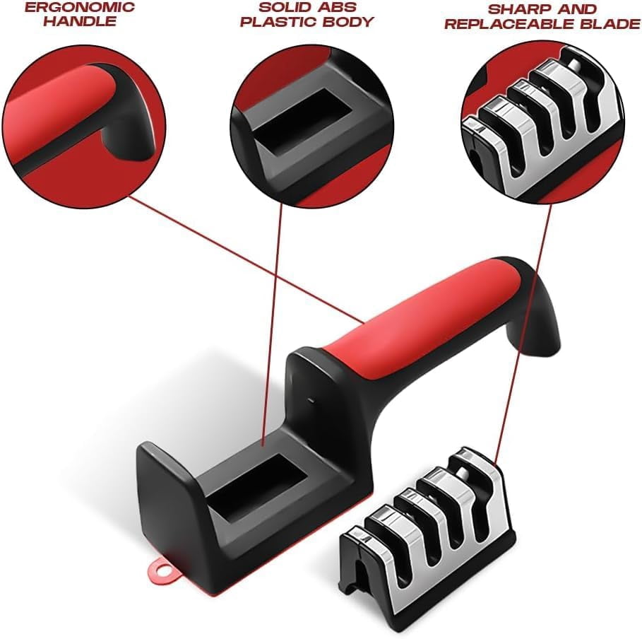 4-in-1 Kitchen Knife Accessories: 4-Stage Knife Sharpener Helps Repair, Restore, Polish Blades and Cut-Resistant Glove (Black & Red)