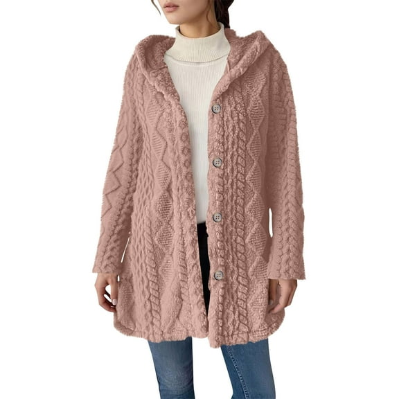 TKLPEHG Fleece Jacket for Women Winter Warm Button Hooded Coats Long Sleeve Fleece Jackets Soft Comfy Warm Outerwear (Pink,L)