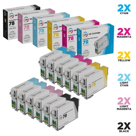 Remanufactured Replacement for Epson T078 12-Set Ink Cartridges: 2 Black & 2 each of Cyan / Magenta / Yellow / Light Cyan / Light Magenta Save even more with our 12 ink cartridge set for the Epson T078 series. This bulk set includes 2 black T078120 (T0781) ink cartridges  2 cyan T078220 (T0782)  2 magenta T078320 (T0783)  2 yellow T078420 (T0784)  2 light cyan T078520 (T0785) and 2 light magenta T078620 (T0786) inkjet cartridges. The bundle discount brings the cartridge price down to a very low $4.99 each! Why pay twice as much for brand name OEM Epson T078 printer ink cartridges when our generic brand printer supplies deliver excellent quality results for a fraction of the price? So Stock up now and save even more! LD ?? Cartridges are manufactured in an internationally certified ISO 9002 factory. LD ?? cartridges come with a 100% Two Year money back guarantee and technical support. For use in the following printers: Stylus Photo R380  RX680  R280  RX595  RX580  R260 Artisan 50. We are the exclusive reseller of LD Products brand of high quality printing supplies on Walmart. Shelf Life: 24-36 Months The use of LD branded laser toner cartridges and supplies does not void your printers warranty. With LD Products  you can shop online for ink and toner products knowing youll receive the highest quality products available with customer service and support that is unequaled by our competitors. For use in the following printers: Stylus Photo R380  RX680  R280  RX595  RX580  R260 Artisan 50