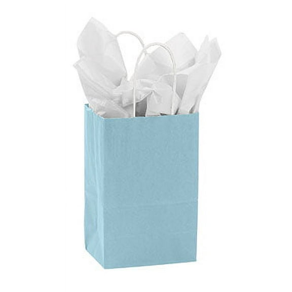 SSWBasics Small Powder Blue Paper Shopping Bags - 5 ¼”L x 3 ½”D x 8 ½”H - Case of 100-Gift Bags - Bulk Case -Bags with paper twisted Handles  70# Paper Weight - Perfect for Retail  Shopping  and Gifts