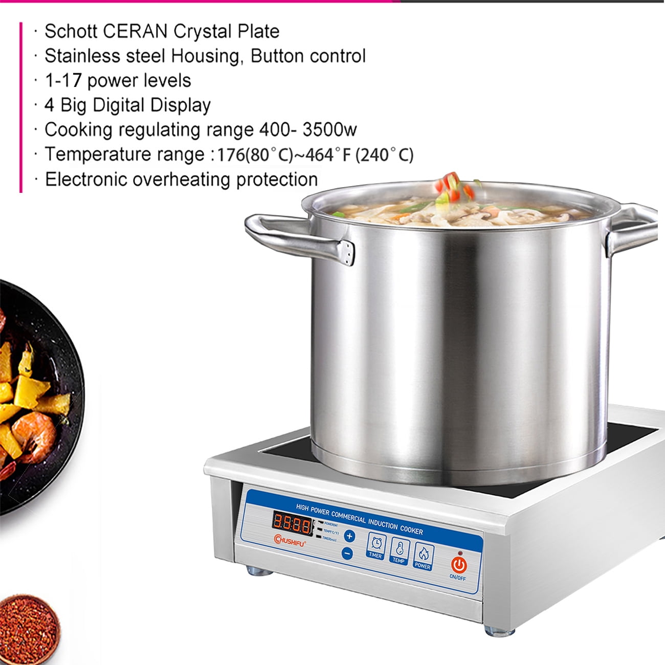 Open Box ChuShiFu 3500W 190V~275V Induction Cooktop Commercial Grade Range 18h Timer Electric Stove Burner Kitchen Restaurants Cooking 16 Level Temp&Power Ctrl