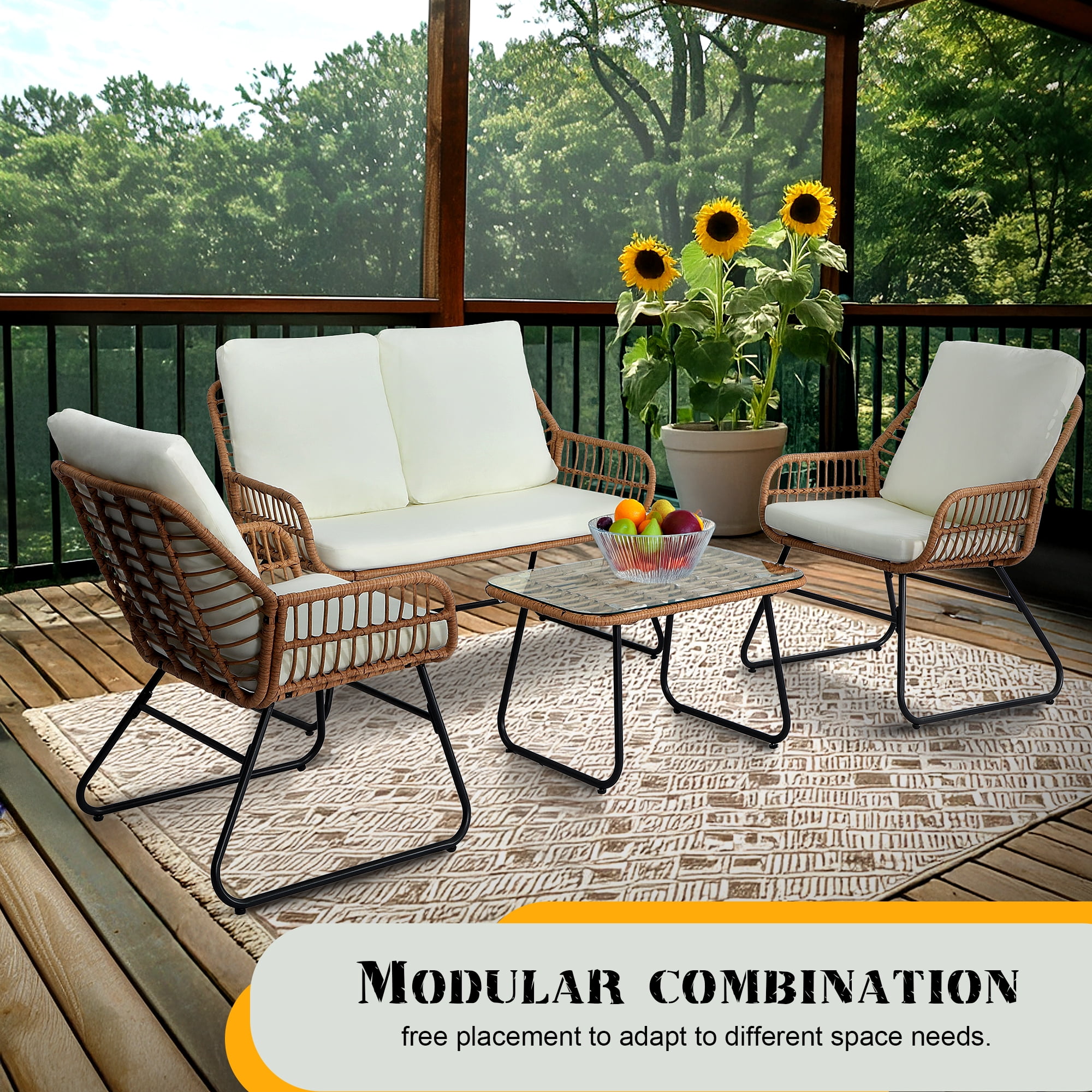 AstrPthylx 4-Piece Rattan Patio Set - All-Weather Outdoor Conversation Furniture with Tempered Glass Table & Quick-Dry Cushions for Garden, Porch, Balcony